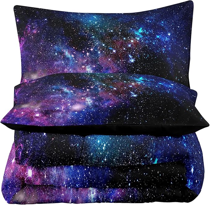 Tailor Shop Galaxy Comforter Set Universe Outer Space Blue and Purple Starry Sky Night Pattern Bedding Set for Girls Boys Kids King Size with 1 Comforter 2 Pillowcases……