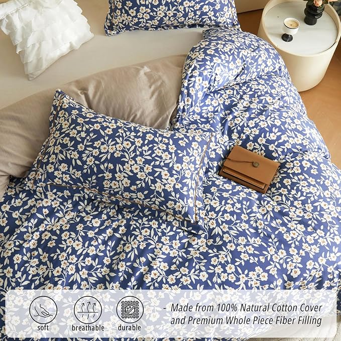 Navy Floral Cotton Comforter Queen Size 3PC - Elegant White Flowers Pattern on Blue，Taupe Back, Lightweight Bedding Sets with Ultra-Soft Alternative Fill, (1 Comforter, 2 Pillowshams)