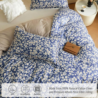 Navy Floral Cotton Comforter Queen Size 3PC - Elegant White Flowers Pattern on Blue，Taupe Back, Lightweight Bedding Sets with Ultra-Soft Alternative Fill, (1 Comforter, 2 Pillowshams)