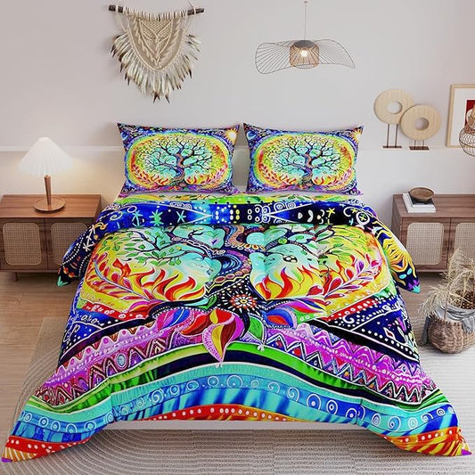 Tree of Life Comforter Sets for Kids Adults,3D Bohemian Pattern with Bright Colors,Decorative Bedding Comforter Sets with 2 Pillow Shams, Queen Size