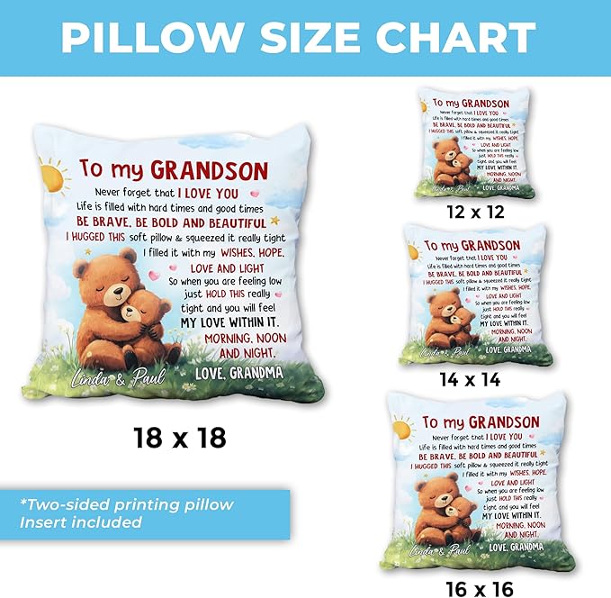 Hyturtle Personalized Grandson Pillow (Insert Included) Gifts from Grandma - Birthday Graduation for Grandson - Cute Bear Custom Name Sofa Couch Cushion Home Decor Pillow