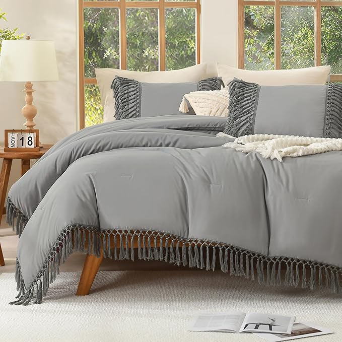 Andency Comforter Full Size Set Medium Grey, Boho Lightweight Vintage Soft Bedding Comforter Sets, 3 Pieces Bed Set (79x90In Comforter & 2 Pillowcases)