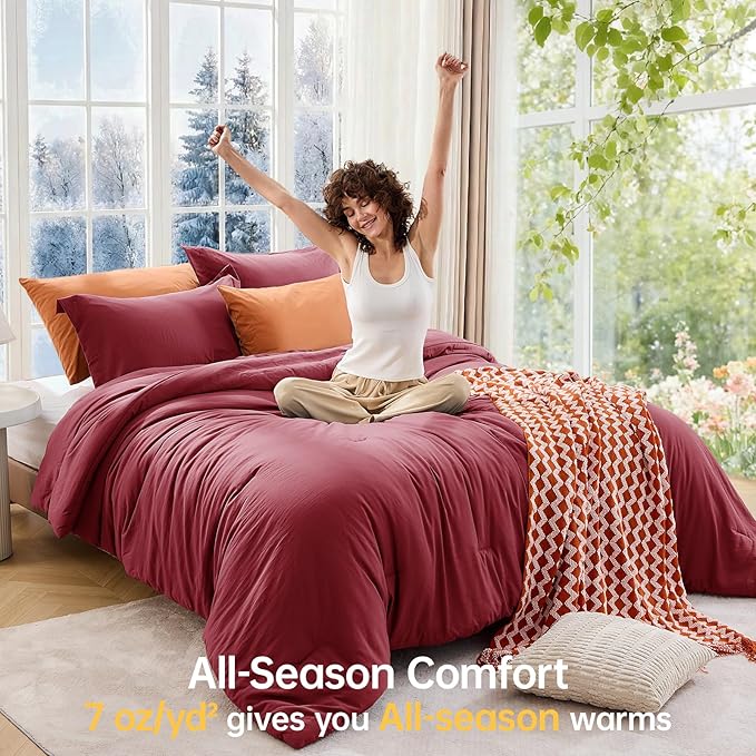 MUXHOMO Full Comforter Sets, All Season Ultra Soft Down Alternative Bedding - 3 Piece Lightweight Bed Set Includes 1 Comforter (82"x86") and 2 Pillow Shams (20"x26"), Burgundy Red
