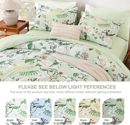 Anibedding 7Pieces Floral King Size Comforter Set, Green Garden Plant Style Bed in a Bag Flower Bedding with Pillow Case for Bedroom
