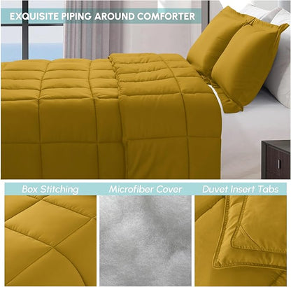 Elegant Comfort 3-Piece Box Stitched Down Alternative Comforter with Shams - Ultra Soft for All Season Duvet Insert with Corner Tabs, Plush Cozy 3PC Comforter Set, Oversize Queen, Mustard Yellow