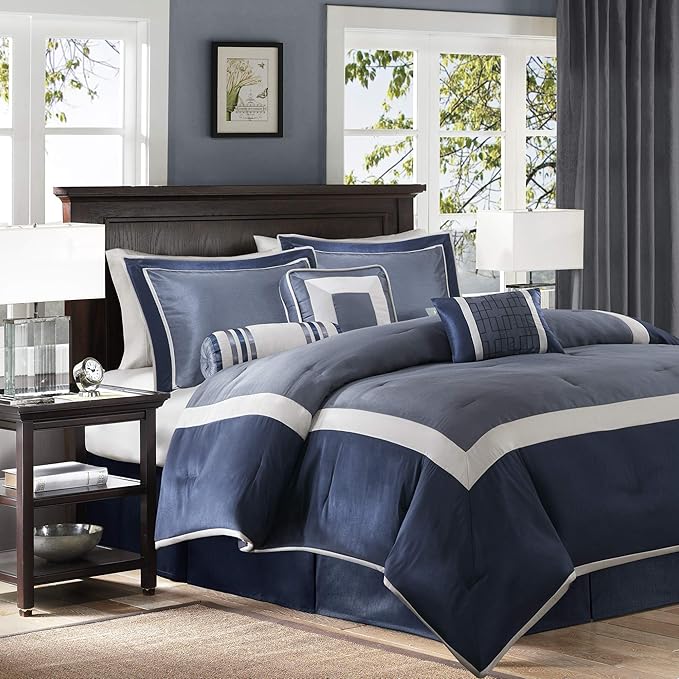 Madison Park Cozy Comforter Set-Deluxe Hotel Collection, All Season Down Alternative Luxury Bedding with Matching Shams, Decorative Pillows, Queen(90"x90"), Genevieve, Navy 7 Piece