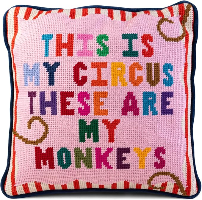 FURBISH Handmade Needlepoint Decorative Throw Pillow - My Circus - 11"x11" - Small Embroidered Designer Pillow for Living Room, Couch, Sofa, Chair & Bed - Eclectic Home Decor