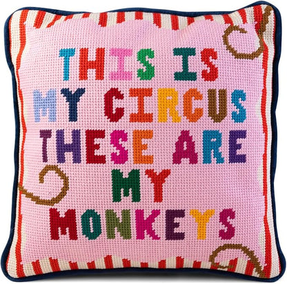FURBISH Handmade Needlepoint Decorative Throw Pillow - My Circus - 11"x11" - Small Embroidered Designer Pillow for Living Room, Couch, Sofa, Chair & Bed - Eclectic Home Decor