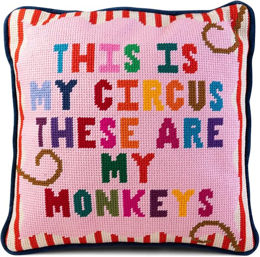 FURBISH Handmade Needlepoint Decorative Throw Pillow - My Circus - 11"x11" - Small Embroidered Designer Pillow for Living Room, Couch, Sofa, Chair & Bed - Eclectic Home Decor
