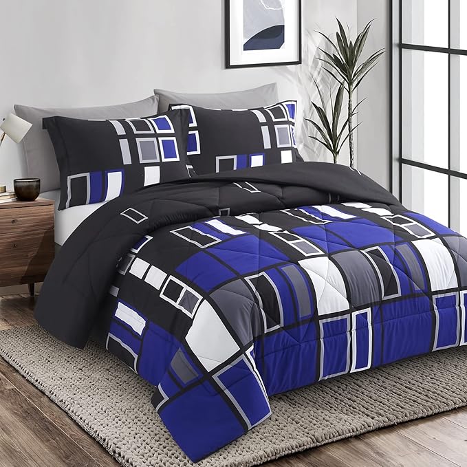 ARTALL Microfiber 2 Pieces Comforter Set Blue Gray Black Plaid Pattern Lightweight Bedding Set, Twin Size with 1 Sham