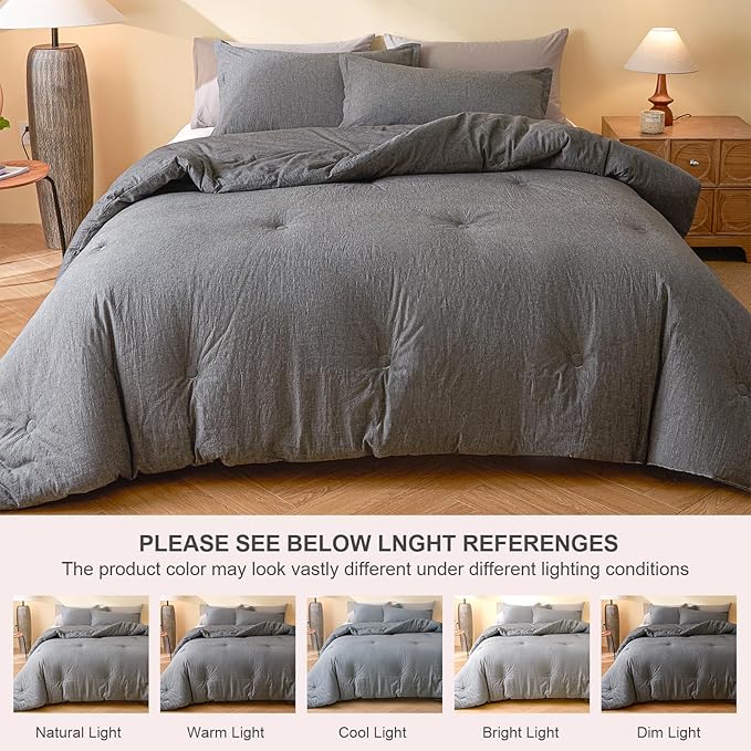 100% Cotton Comforter Set Full Size – Reversible Yarn-Dyed Design, Soft Washed Cotton on Both Sides, Lightweight All-Season Bedding, Machine Washable(Black Grey, 80”x90”)