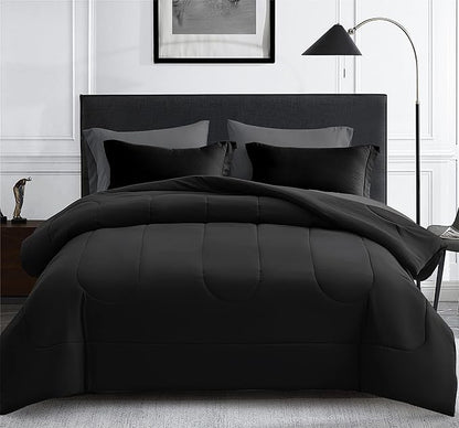 Maple&Stone Twin Comforter Set 5 Pieces Bed in a Bag - Down Alternative Bed Set with Sheets, Pillowcase & Sham, Soft Reversible Duvet Insert for Twin Bed, Black