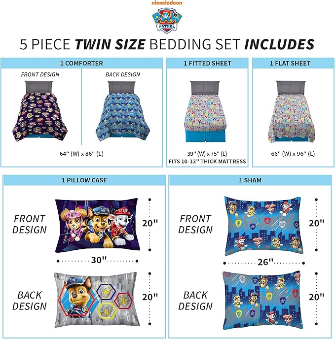 Franco Kids Bedding Super Soft Comforter and Sheet Set with Sham, 5 Piece Twin Size, Paw Patrol Movie