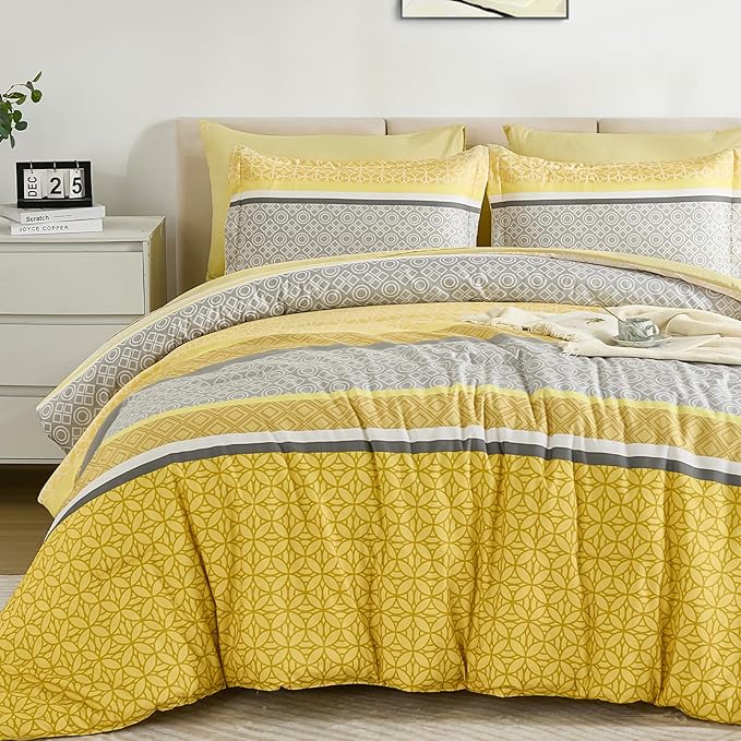WONGS BEDDING Yellow Comforter Set Queen Size, 7 Pieces Striped Bed in a Bag Comforter and Sheet Set, Bohemian Soft Lightweight Micorfiber Bedding Set for All Seaon (90"×90")