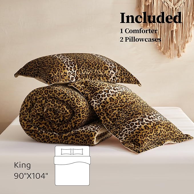 Petrichor Leopard Velvet Flannel King Comforter Set-Cheetah Print Western Blanket,Luxury Fuzzy Heavy Bedding Set,3 Pieces Plush Winter Bed Set with Comforter (90"x104")&2 Pillow Shams (20"x36"