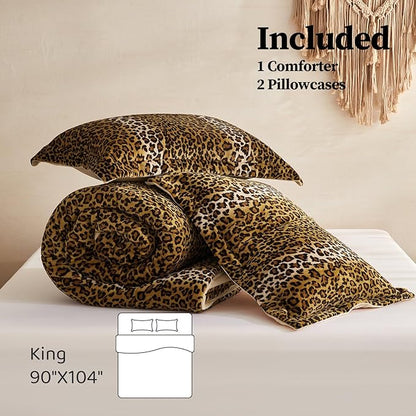 Petrichor Leopard Velvet Flannel King Comforter Set-Cheetah Print Western Blanket,Luxury Fuzzy Heavy Bedding Set,3 Pieces Plush Winter Bed Set with Comforter (90"x104")&2 Pillow Shams (20"x36"