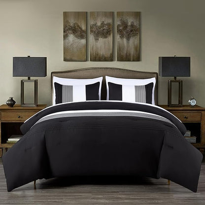 Chezmoi Collection Briar 7-Piece King Bed in a Bag - All Season Lightweight Microfiber Comforter Set - Includes Sheets & Shams - Black/Gray/White Pleated Stripe Design
