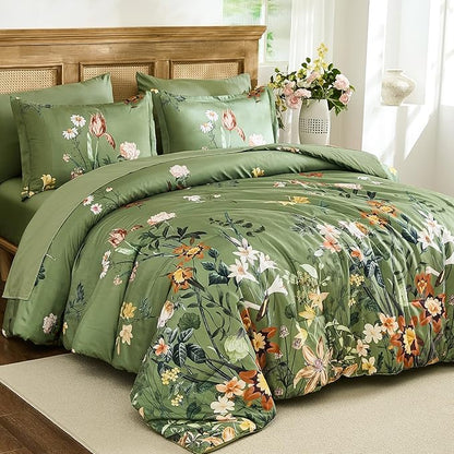 WONGS BEDDING Green Floral Comforter Set Queen, 7 Piece Bed in a Bag Bedding Set with Botanical Flowers Patterns, Soft Lightweight Complete Comforters with Sheets for All Season