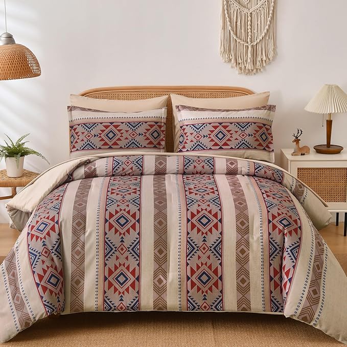 Anibedding Queen Comforter Set 7 Pieces Light Khaki Brown Bedding Comforter Set, Boho Aztec Bed in a Bag Soft Microfiber Bed Set with Sheets, Pillowcases & Shams