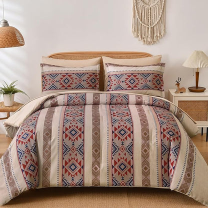 Anibedding Queen Comforter Set 7 Pieces Light Khaki Brown Bedding Comforter Set, Boho Aztec Bed in a Bag Soft Microfiber Bed Set with Sheets, Pillowcases & Shams