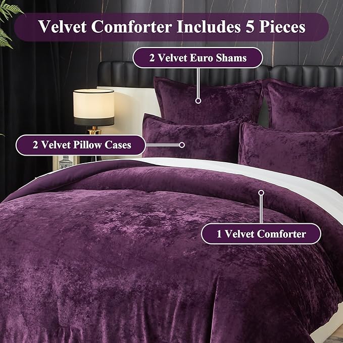Ivellow Crushed Velvet Comforter Set King Purple Comforter Set 5pcs Ultra Soft Lightweight Breathable Bedding Set Luxury Cozy Flannel Comforter King Size (1 Comforter,2 Pillow Shams, 2 Euro Shams
