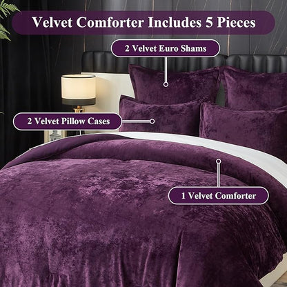 Ivellow Crushed Velvet Comforter Set King Purple Comforter Set 5pcs Ultra Soft Lightweight Breathable Bedding Set Luxury Cozy Flannel Comforter King Size (1 Comforter,2 Pillow Shams, 2 Euro Shams