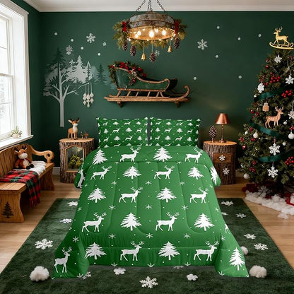 Manfei Christmas Deer Girls Bedding Set Twin Size, Snowflake Pine Tree Comforter Set，Rustic Farmhouse Xmas Quilt Comforter for Boys Teens,Green White Room Decor All Season,1 Pillowcase