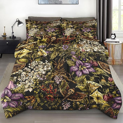 Comforter Set Full Size, Vintage Flower Plants Soft 3 Pcs Bedding for Kids and Adults, Skull Moth Witch Comforter Set with 2 Pillowcases, for Bedroom Bed Decor