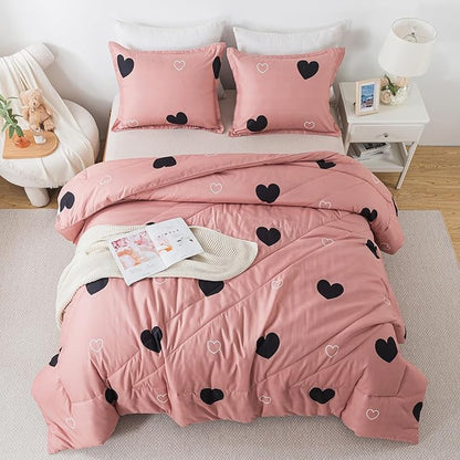 Caressma Queen Comforter Set Cameo Brown, Pink Cute Love Heart Sexy Comforter Bedding Set for All Seasons, Geometric Soft Microfiber 3 Pieces Comforter Set with Pillowshams