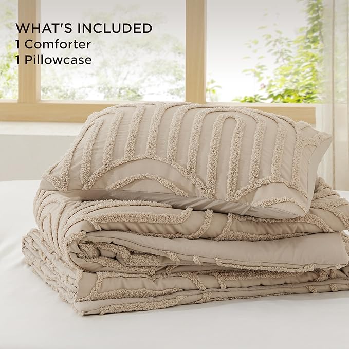 Bedsure Boho Tufted Khaki Twin/Twin XL Comforter, GentleSoft™ 2 Pieces Boho Farmhouse Decor Bedding, Arch Shabby Chic Bedding for All Seasons, 1 Bed Comforter, 1 Pillow Shams, 68x88 Inches