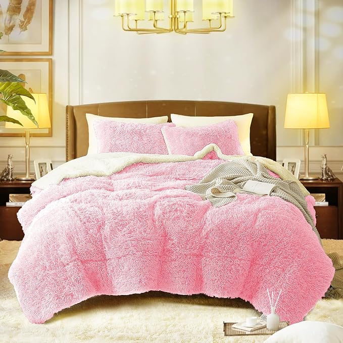 Flysheep Luxury Faux Fur Twin Size Winter Comforter Set Shaggy Velvet Pink Long Hair, 3 Pieces Plush Flannel Sherpa Backing Reversible Soft Microfiber Super Warm Bedding Set for Holiday