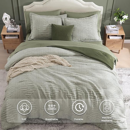 MaiRêve Full Size Comforter Set Crinkle Textured, Light Olive Green Diamond Boho Bedding Set 7 Pieces Bed in A Bag, All Season Geometric Comforter Set with Sheets, Pillowcases & Shams
