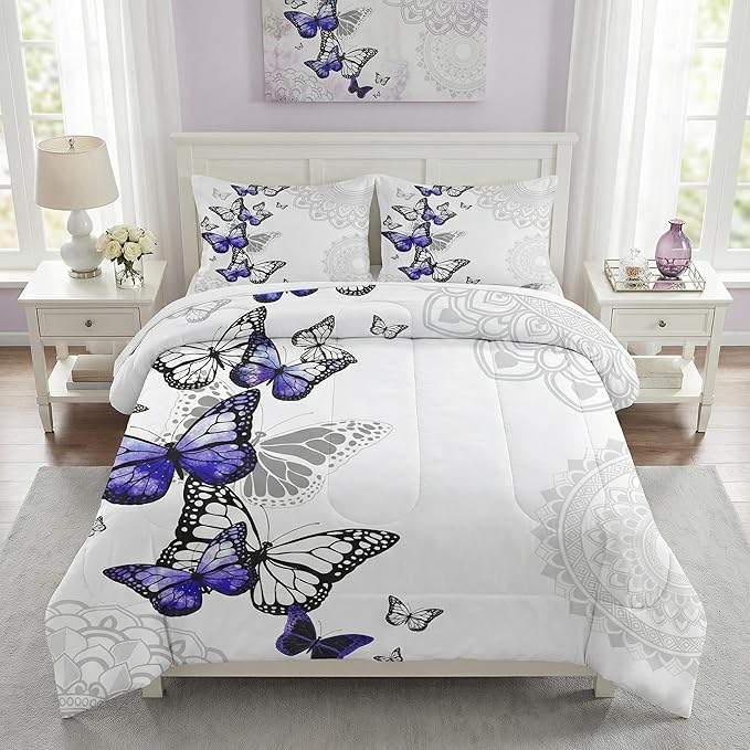 Full Size Comforter Set with 2 Pillowcases, Summer Spring Purple Butterfly 3 Pcs Bedding for Kids and Adults, Abstract Circular Mandala Floral Soft Comforter Set for Bedroom Bed Decor