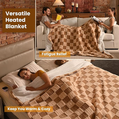 Bearhug Electric Blanket Full Size 77" x 84", Reversible Brown Plaid Sherpa Heated Blanket, 10 Heating Levels & 1-12H Auto Off, ETL Certified, Machine Washable, Gift Box