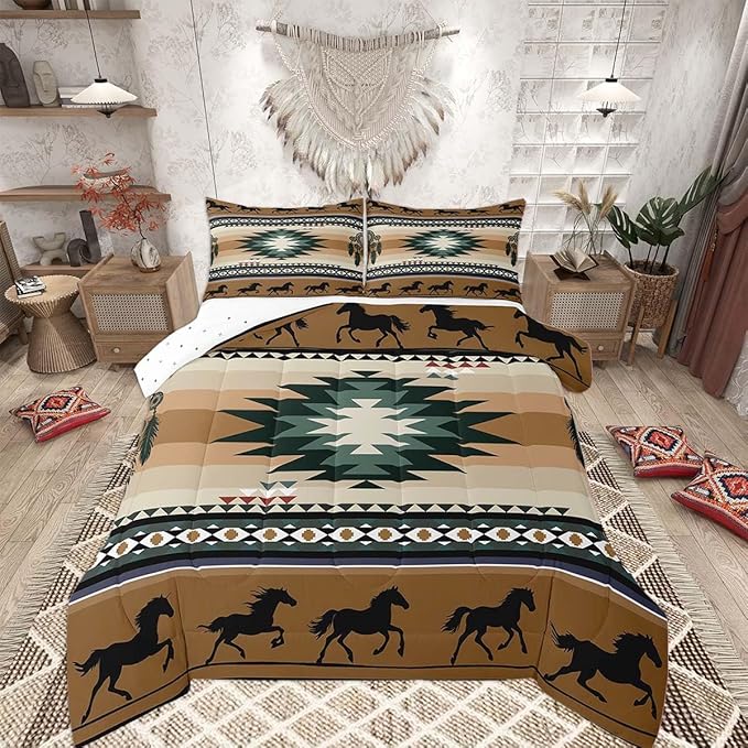 Feelyou Rustic Western Bedding Set Queen Size Kids Brown Southwestern Aztec Comforter for Boys Girls Teens Western Horse Comforter Set Soft Microfiber Boho Geometric Room Decor