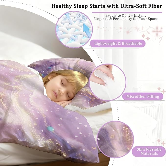 Lavender Gold Marble Comforter Set Twin Size Tie Dye Marbling Marbling Bedding Set for Kids Teens Glitter Pink Purple Bed Set Glitter Watercolor Fluid Quilt Set with 1 Comforter + 1 Pillowcase