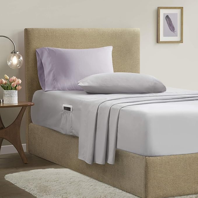 Comfort Spaces Bed in A Bag - Trendy Casual Design Cozy Comforter with Complete Sheet Set with Side Pocket, All Season Cover, Matching Shams Twin(66"x90"), Kate, Grey/Purple 6 Piece