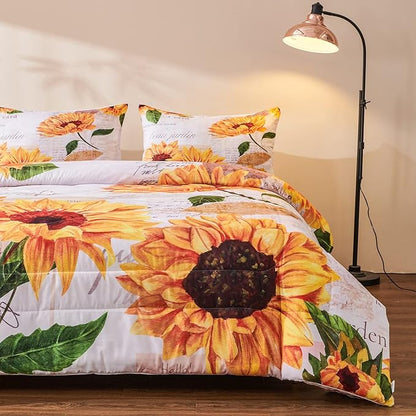 Sunflower Comforter Sets,Seamless Pattern with Hand Drawn Vibrant Yellow Watercolor Sunflowers on The Background,Decorative Bedding Comforter Sets with 2 Pillow Shams, Twin Size