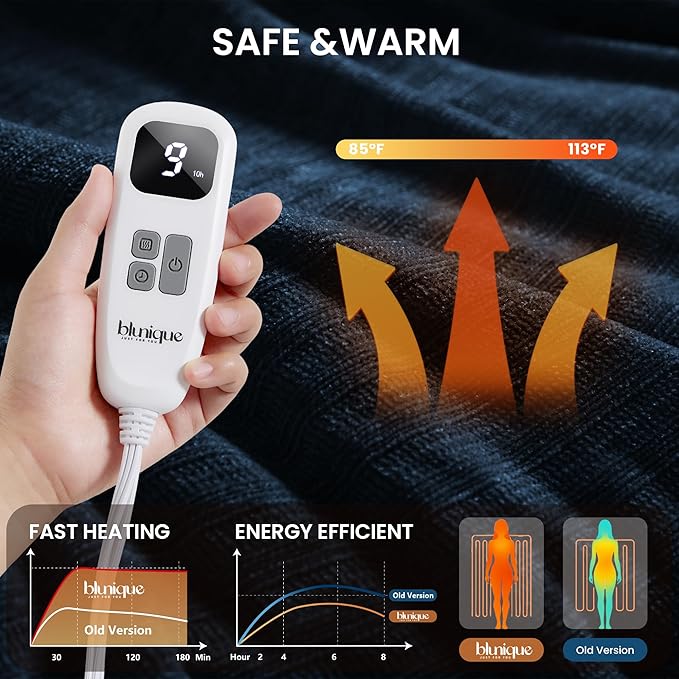Heated Throw Blanket, 50"x60"Ultra Soft Cozy Chenille Electric Blanket with 10 Heating Levels & 2-10H Auto-Off, Fasting Heating for Couch/Bed, ETL Certified, Machine Washable(Navy)