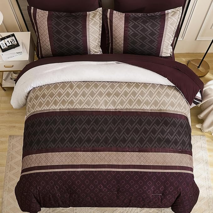 Cottolester Boho Comforter Set Queen Size,Red Brown Striped Bed in a Bag,Plaid Comforter and Sheet Set,Soft Microfiber Complete Bedding Sets