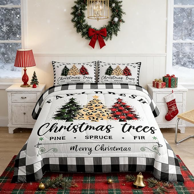 Christmas Plaid Tree Comforter Set Full Size,Black White Geometric Grid Bedding for Teens Women Home Room,Winter Snowflake Quilted Duvet Red Green Leopard Pine Bedspread 3pcs Christmas06