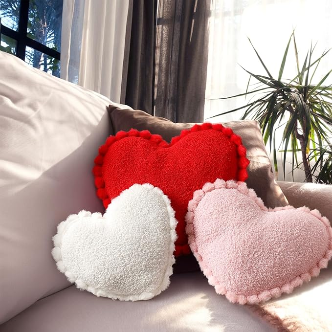 Bucherry 3 Pcs Valentine's Day Heart Throw Pillows, Red White Pink Heart Pillow Soft Decorative Back Cushion for Girls Women Bed Sofa Valentines Wedding Gifts Home Decor(Teddy Velvet,Ruffed Style)