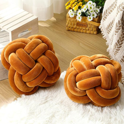 2 Pcs Knot Pillow Balls Set, 12 Inch Soft Decorative Throw Knot Pillow Ball, Large Square Knotted Floor Cushion for Living Room Bedroom Sofa Couch Bed Home Decoration(Caramel Brown)