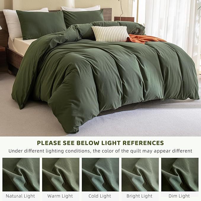 Sanracie Olive Green Queen Size Comforter Set Cotton,Dark Green Bedding Comforers Set Solid Color,3 Pieces Lightweight Aesthetic Queen Bedding Set for All Seasons