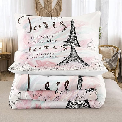 Bodhi Girls Comforter Set Queen,Pink Comforter Set for Girls,Paris Bedding Set with Matching Pillowcase