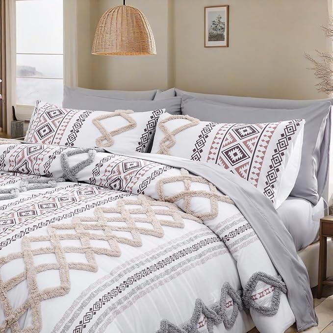 MOVE OVER Beige and Gray Tufted Comforter Set Queen Size 5 Pieces Bohemian Style Geometric Tufted Bedding Set Farmhouse Boho Aztec Comforter Set with 2 Decor Pillow Covers for Room Decor