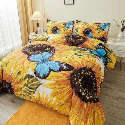 Sunflower Comforter Sets,Beautiful Seamless Pattern with Sunflower Blue Butterflies on White Background,Decorative Bedding Comforter Sets with 2 Pillow Shams, Queen Size
