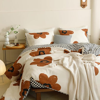 Cottonight Pumpkin Sunflower Comforter Set Queen Women Girls Beige and Brown Floral Bedding Comforter Set Botanical Flowers Blanket Quilts Soft Breathable Cute Chic Big Flower Comforter