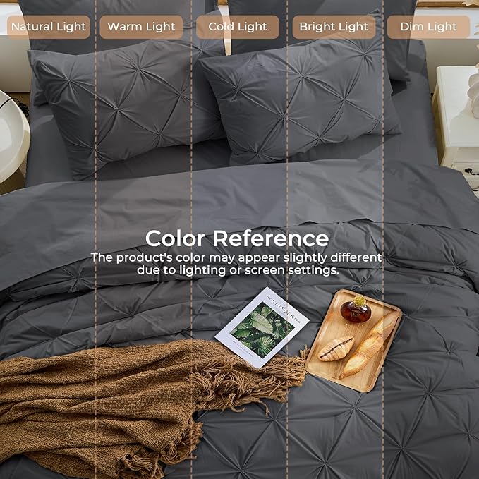 Sasttie Twin Comforter Set, 5-Piece Bed in a Bag, Pintuck Bedding Sets for All Season, Includes Comforter, Flat Sheet, Fitted Sheet, Pillowcase and Pillowsham, Dark Grey