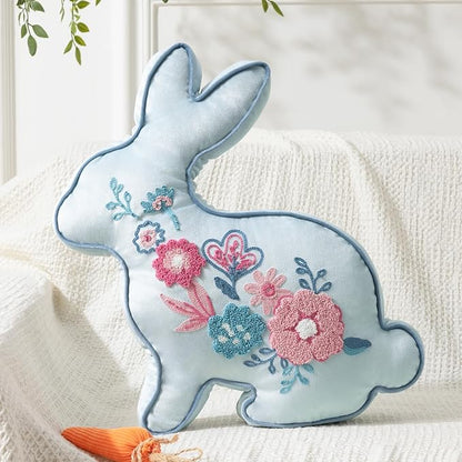 Phantoscope Happy Easter Bunny Shaped Throw Pillow, Embroidered Floral Patterns Cushion Soft Velvet Easter Rabbit Decorative Pillow for Couch Living Room Bed, Blue,18.5 x 13 inches